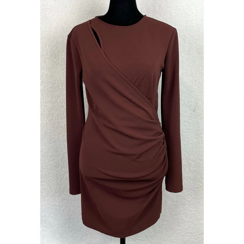 ZARA • Brown Keyhole Cutout Long Sleeve Bodycon Mini Dress, M - Picture 13 of 16